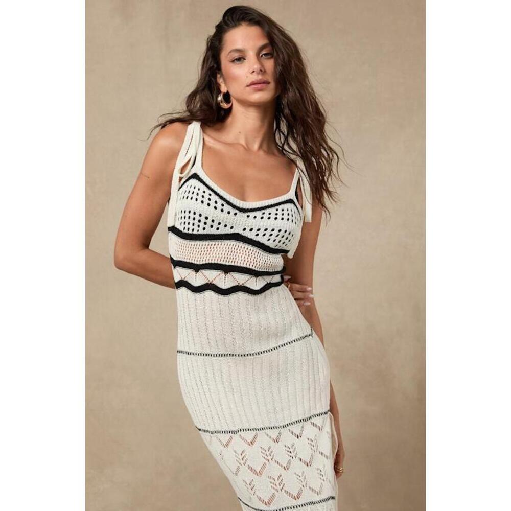 Lulus Olyssia Ivory And Black Knit Tie-strap Maxi Swim Cover-up White - Size M